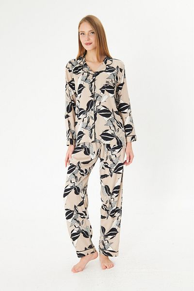 seamlife Women's 100% Cotton Woven Milk Coffee Flower Pattern Shirt Collar Button-Through Pocket Pajamas Set