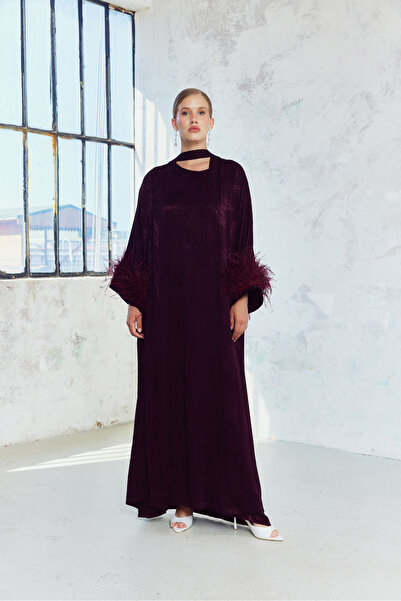 Bohai Design Saten Kimono Elbise Tüylü Otrişli 2'li Takım