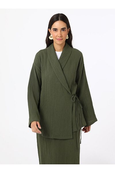 Benin Cotton Muslin Kimono with Tie Detail - Khaki - Benin