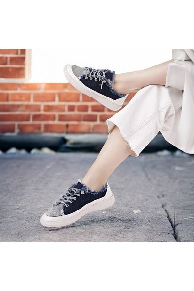 Jarrox Fringe Denim Tasseled Flat Lightweight Poly Sole Stone Detailed Lace up Women's Sneaker Sports Shoes