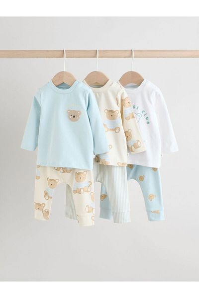 Next Baby Cotton Blue Bear Pattern Long Sleeve 3Pcs Bottom Top Set