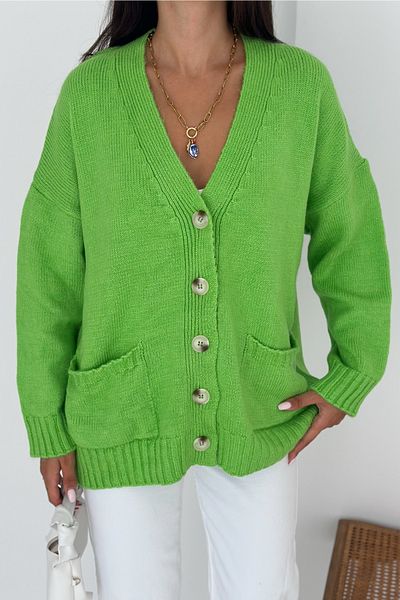 FEMELLE Cardigan de tricotaj supradimensionat pentru femei, cu croiala largă, mărime standard, buzunar dublu, detaliu cu nasturi, cu umăr jos