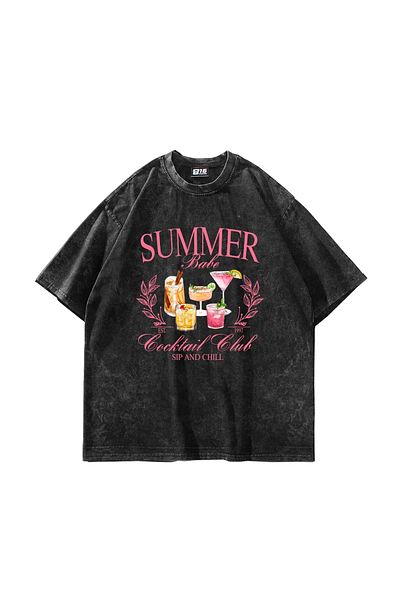 Sekizbiraltı Summer Cocktail Printed Oversize Unisex Πλενόμενο μαύρο μπλουζάκι