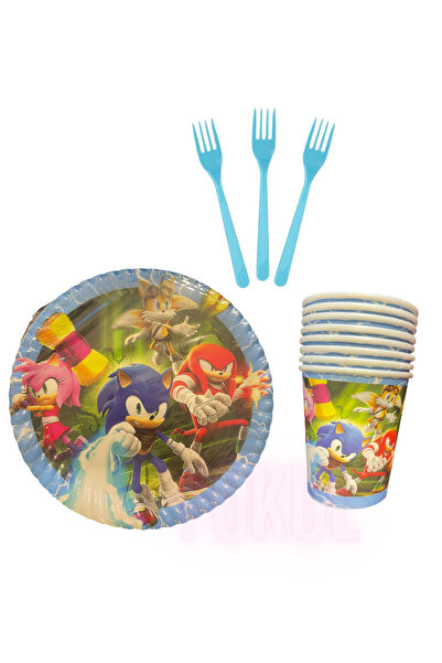FOKUL Sonic Tabak Bardak Çatal Set Temalı 8 Kişilik Tabak Bardak Çatal Seti D...