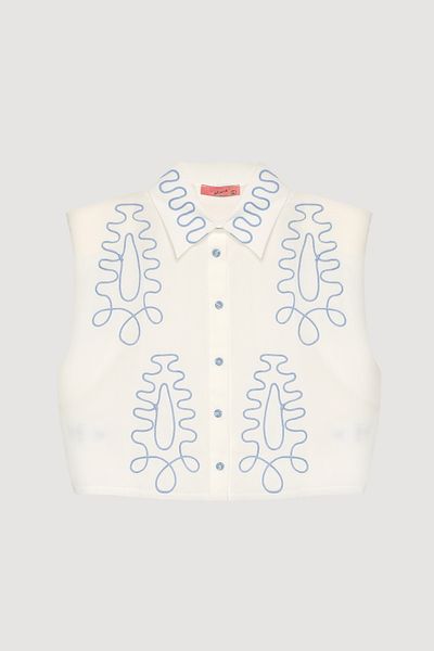Quzu Ethnic Motif Embroidered Padded Shirt Ecru