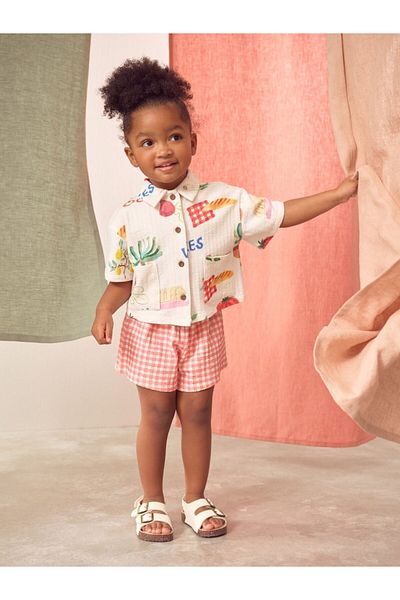 Next Baby Cotton Pink Muslin Floral Patterned Short Sleeve Shorts Top and Bottom Set