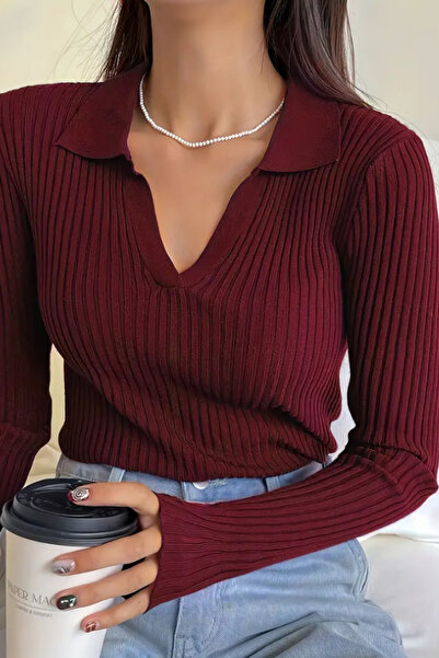 Tarz Cool Bordo Fitilli Polo Yaka Triko Kazak