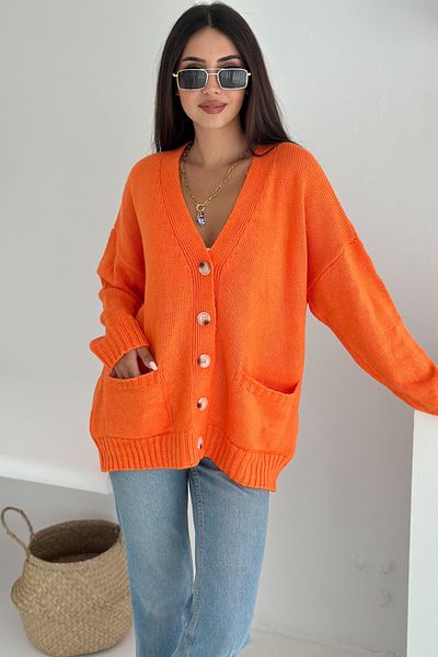 FEMELLE Women's Orange Wide Fit Standard Size Double Pocket Button Detailed Off Shoulder Oversize Knitwear Cardigan