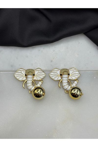 Duéra White Enameled Elephant Figured Gold Detailed Design Brand Model Hanging Steel Earrings