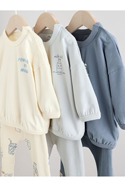 Next Baby Cotton Blue Printed Long Sleeve 3-Piece Bottom Top Set