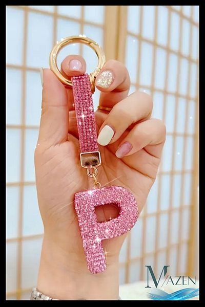 MAZEN Pink Vip Letter P Keychain |   Stone Charm |   Bag Compatible Sparkling Accessory