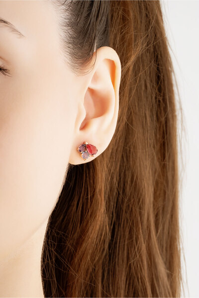 So CHIC... Renkli Taşlı 14 Ayar Rose Altın Küpe