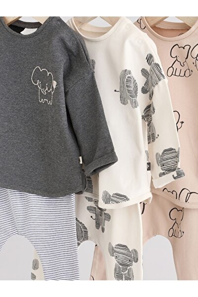 Next Baby Cotton Cream Brown Elephant Patterned 3-Piece Bottom Top Set