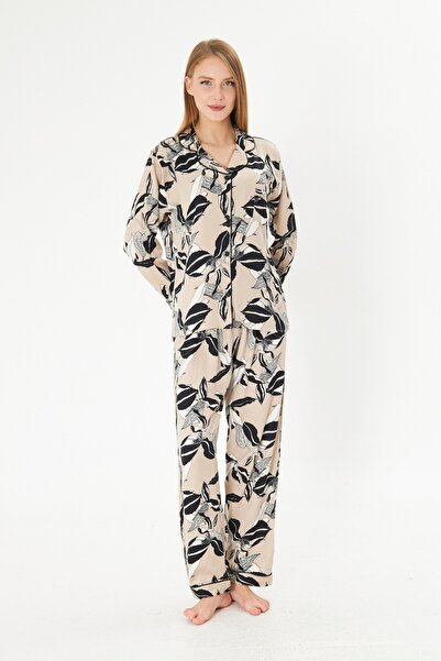 seamlife Дамски комплект пижама от 100% памук, с кремаво-кафе цвят, с флорални мотиви, яка, дълги ръкави, копчета и джобове.