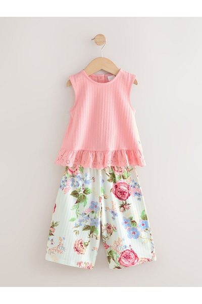 Next Baby Cotton Pink Floral Print Short Sleeve Bottom Top Set