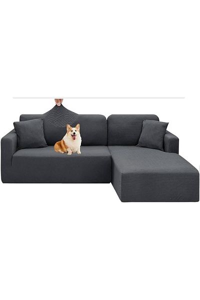 OEM Elastic L-shaped Sofa Cover for 4-seater with 2 pillow covers, Dark Gray