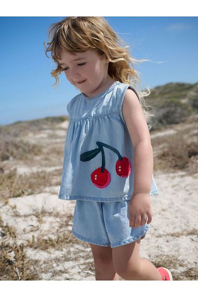 Next Baby Cotton Denim Cherry Applique Short Sleeve Bottom Top Set