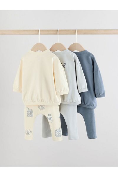Next Baby Cotton Blue Printed Long Sleeve 3-Piece Top and Bottom Set