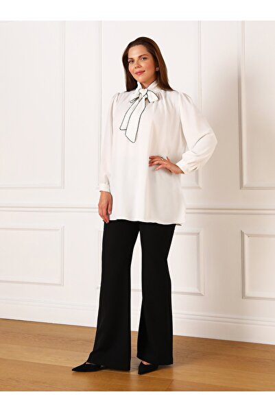 ALİA Büyük Beden Nakış Detaylı Boyundan Bağlamalı Aerobin Tunik- Beyaz - Alia