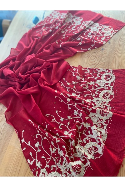 Bohemian Red Embroidered and Stoned Organic Cotton Imported Shawl 1606082