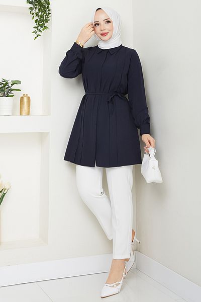 ModaMerve Tunic with Lace-Up Waist 273Asn936-M Navy