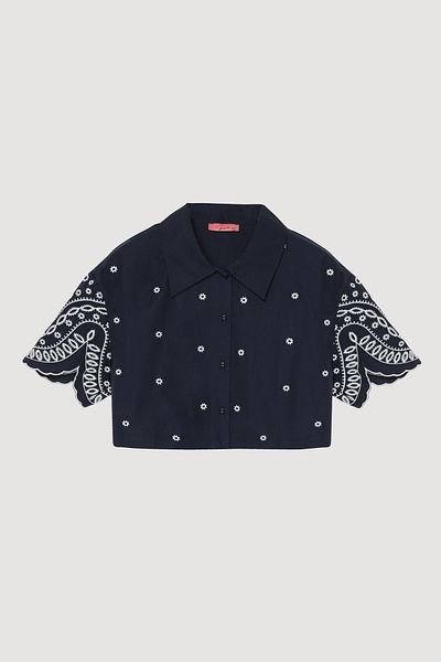 Quzu Mini Floral Embroidered Sleeves Embroidered Shirt Navy Blue