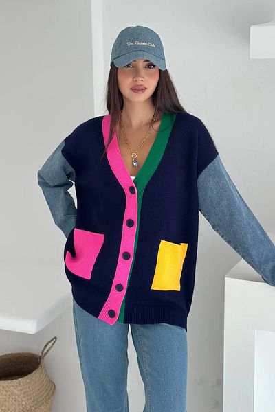 FEMELLE Women's Navy Blue Sleeve Jeans Standard Size Knitwear Cardigan Colorful Pocket Detailed Buttoned Oversize