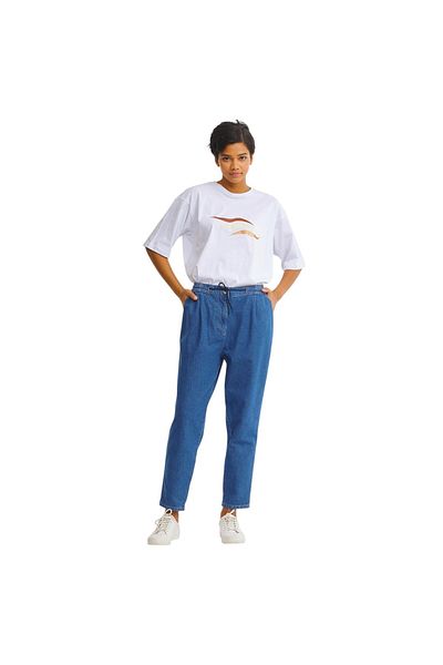 Kayra Women's Elastic Waist Carrot Cut Denim Navy Blue Trousers