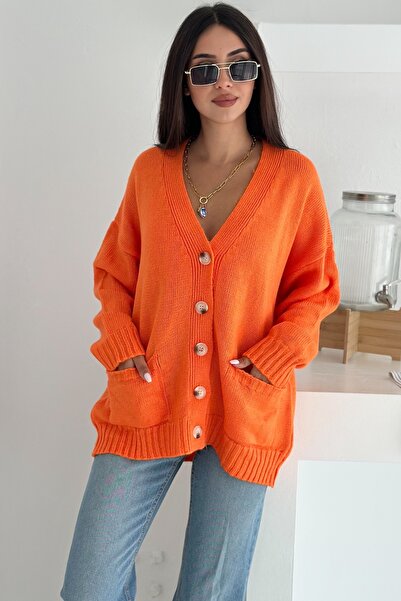 FEMELLE Women's Orange Wide Fit Standard Size Double Pocket Button Detailed Off Shoulder Oversize Knitwear Cardigan