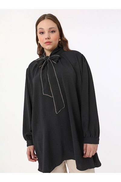 ALİA Large Size Embroidery Detailed Halter Neck Aerobin Tunic - Black - Alia