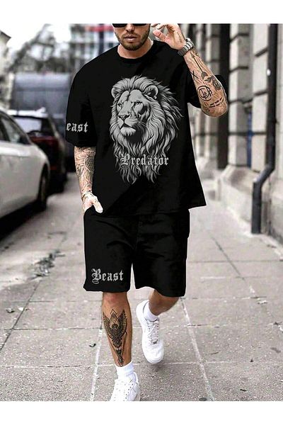 LUNAVISTA Men's Casual Short Sleeve Round Neck T-Shirt and Shorts Set Lion Print