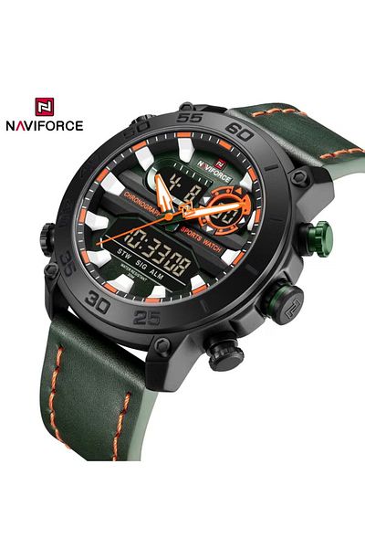 Naviforce Men's Analog-Digital Sport Watch – 45mm Case, Leather Strap, Date Display, Water Resistant