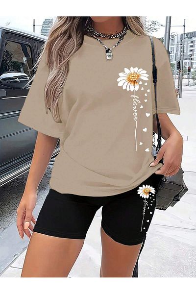 LUNAVISTA Flower and Logo Printed Long Sleeve T-Shirt and Motorcycle Shorts