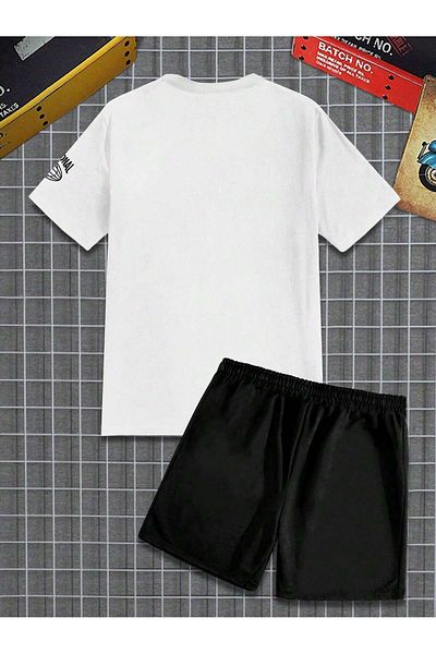LUNAVISTA Men S Letter Print Short Sleeve T-Shirt and Lace-Up Waist Shorts Set