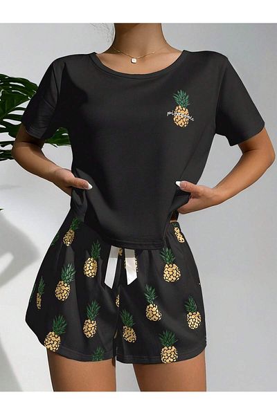 LUNAVISTA Pineapple Print Round Neck Top and Shorts Pajama Set