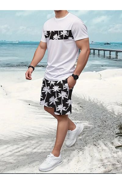 LUNAVISTA Casual Beach Shorts and Sportswear Set, with 3D Printed T-shirt and Pants, Perfect for Streetwear