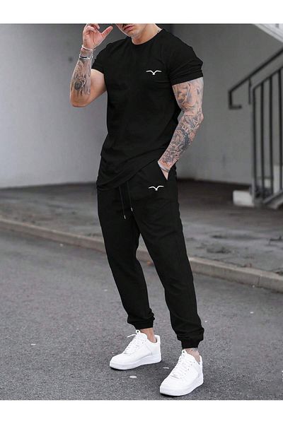 LUNAVISTA Men S Casual 2 Piece Seagull Print Short Sleeve T-Shirt and Pants Set