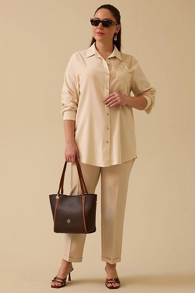 Gala-Xi Galaxi Women's Plus Size Mesh Detailed Embroidered Shirt 4014 Beige