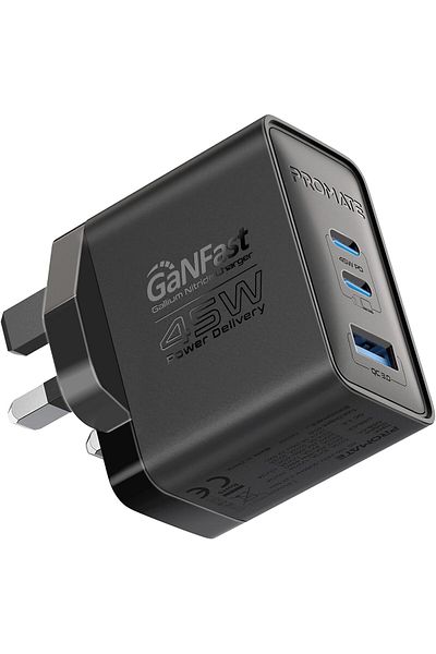 Promate 45W Power Delivery GaNFast™ Charger, Dual USB-C Ports, and Quick Charge USB-A Port
