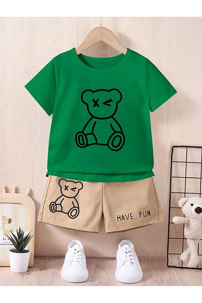 LUNAVISTA 2-Piece Boys Cartoon Bear Printed T-Shirt and Shorts Summer Set