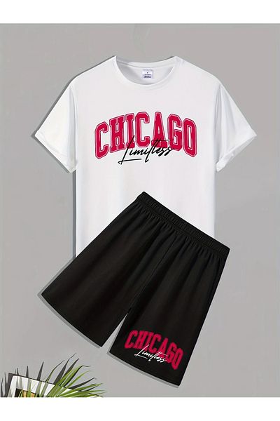 LUNAVISTA Men S Casual Crew Neck T-Shirt and Breathable Shorts Set - Geometric
