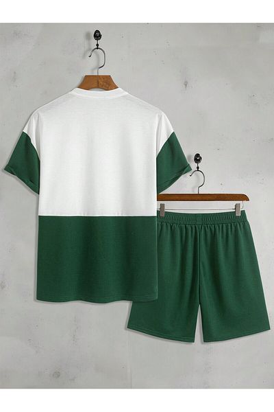 LUNAVISTA Men's 2-piece casual sportswear set, contrast color short sleeve round neck top and shorts