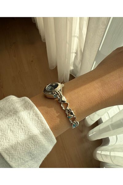 Vola Collection Thin Heart Cord Vintage Steel Silver Minimal Navy Case Women's Wrist Watch with Charms -35