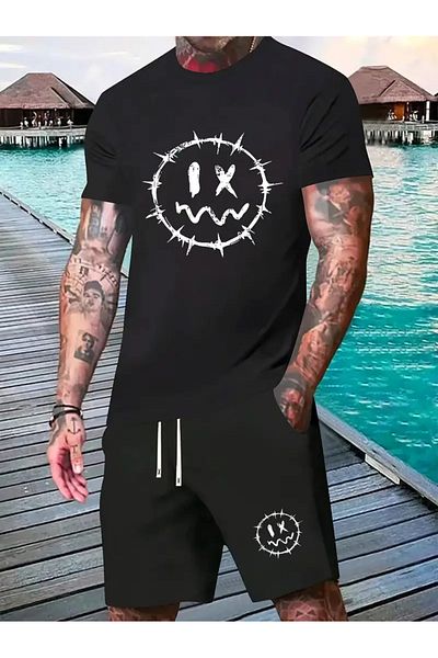 LUNAVISTA Stylish men's set, consisting of a short-sleeved t-shirt with a round neck and shorts on lacing, smile print