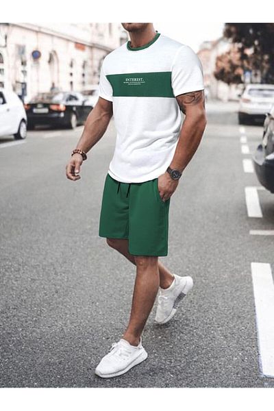 LUNAVISTA Men's 2-Piece Tracksuit Set with Printed Letter Round Neck T-Shirt and Shorts,