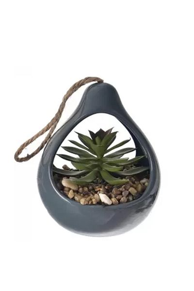 Koopman Planta artificiala Suculenta, Azay Design, in suport ceramic gri, cu agatatoare din sfoara, H 14cm