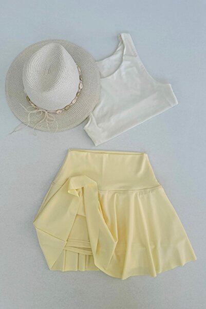 Mine Tan Butik High Waist Lycra Scuba Shorts Skirt - Yellow