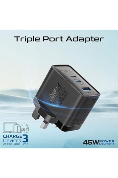 Promate 45W Power Delivery GaNFast™ Charger, Dual USB-C Ports, and Quick Charge USB-A Port
