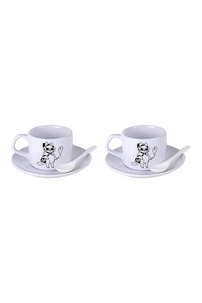 LIWOGY Cat Patterned Tea & Coffee Cup Set with Double Spoon
