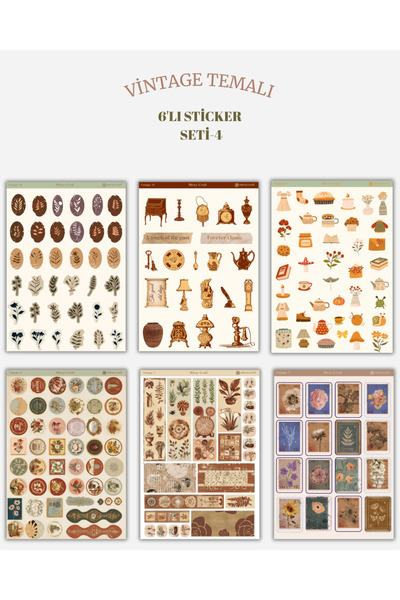 MirayDesign 6’lı Vintage Temalı Sticker Seti – 12x17 cm | Bullet Journal, Scr...